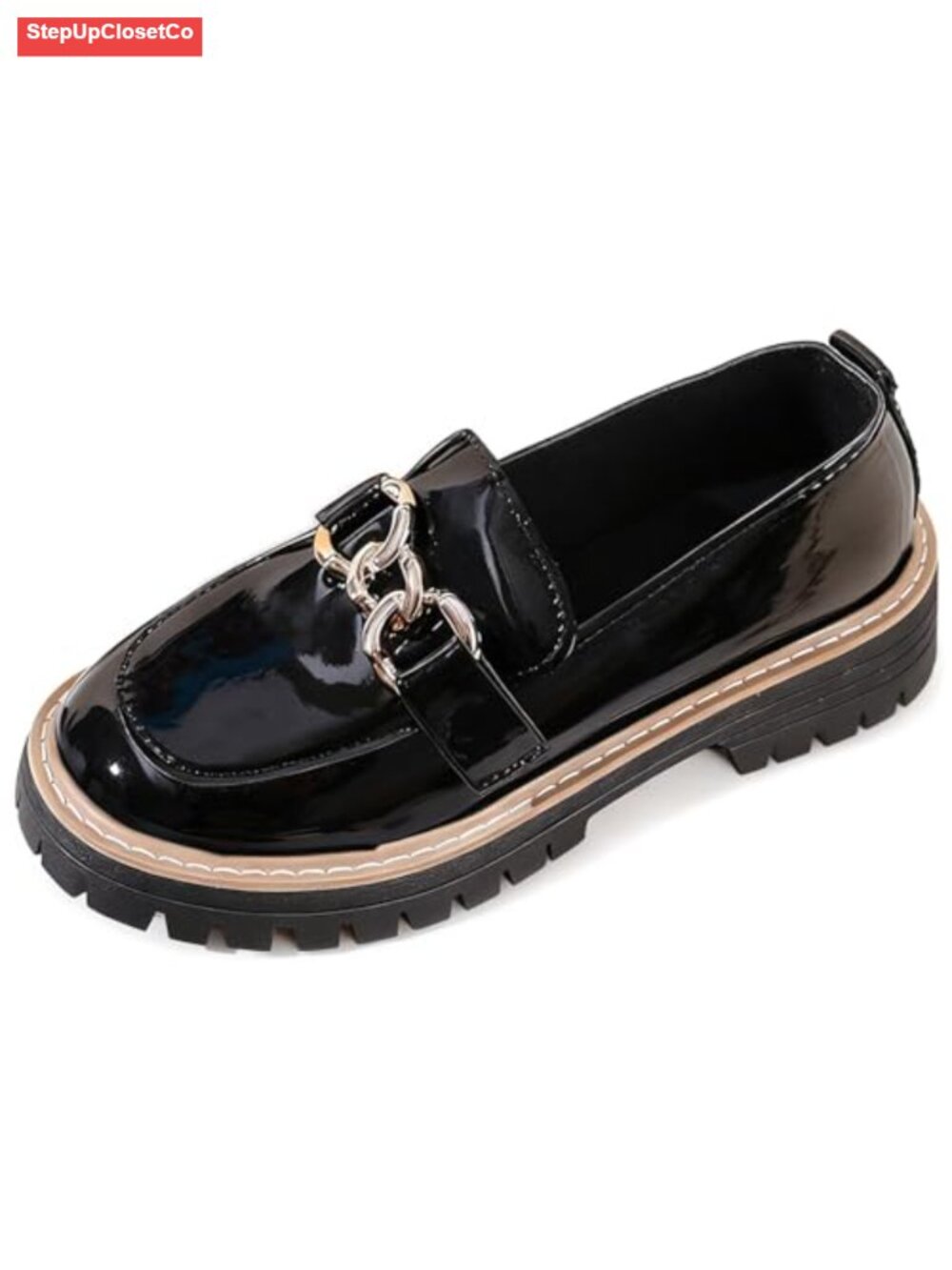Chunky Platform Lug Sole Loafers Faux Patent Leather Slip On Metal Chain Penny